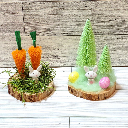 Bunny with trees or carrots on wood round